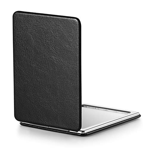 OMIRO Compact Mirror, Classical PU Leather 1X3X Magnification, Ultra Portable for Purses, 2.4" W x 3.4" L (Black)