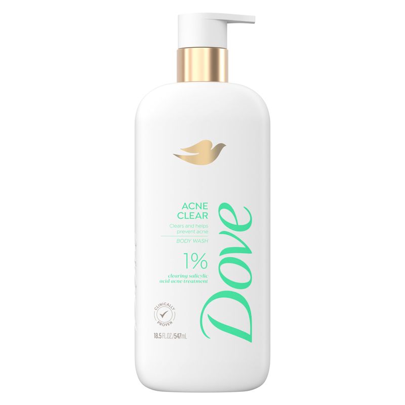 Dove Body Wash Acne Clear Clears &amp; helps prevent acne 1% clearing salicylic acid acne treatment 18.5 oz