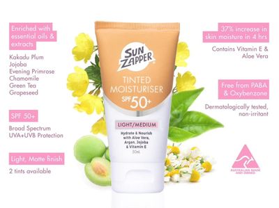 Sun Zapper BB Cream Tinted Moisturiser LightMedium SPF 50 Aloe Vera, Kakadu Plum, Jojoba, Vitamin E 50mL 1.69oz (LightMedium) Moisturizer Made in Australia