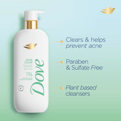 Dove Body Wash Acne Clear Clears &amp; helps prevent acne 1% clearing salicylic acid acne treatment 18.5 oz