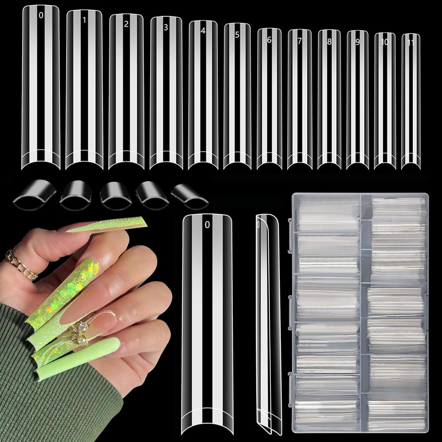 LIONVISON 504PCS NO C CURVE Clear Nail Tips for Acrylic Nails Professional, 3XL Extra Long Flat Tapered Square Nail Tips, 12 Sizes Half Cover Straight French Fake Nail Tips for Nail Salons Home