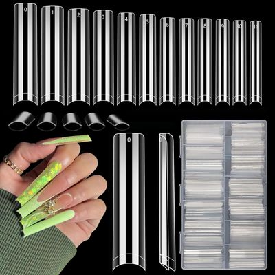 LIONVISON 504PCS NO C CURVE Clear Nail Tips for Acrylic Nails Professional, 3XL Extra Long Flat Tapered Square Nail Tips, 12 Sizes Half Cover Straight French Fake Nail Tips for Nail Salons Home