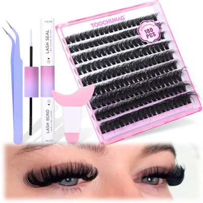 Fluffy 80D Lash Extension Kit DD Curl Eyelash Extension Kit 10-18mm 180pcs Lash Clusters Kit with Lash Bond and Seal Thick Individual Lashes Extension Kit with Eyelashes Tools &amp;Tweezers by TOOCHUNAG