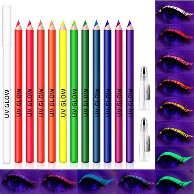 HOSAILY 12 Colors UV Glow Eyeliner Set, Matte Creamy Colored Neon Eyeliner, Waterproof Long Lasting Rainbow Colorful Graphic Liners Glow in the Dark Halloween Party Rave Face Paint Eye Makeup Gift