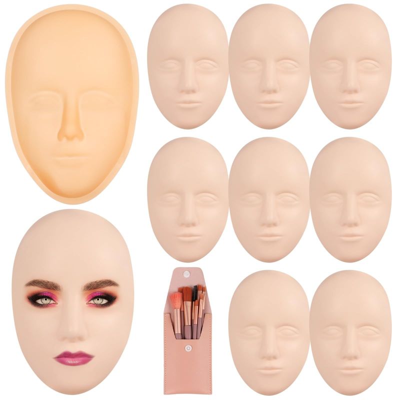 Makeup Practice Face Set,8 Pcs Silicone Mannequin Face, 1 Practice Face Board and 8 Makeup Brushes for Beginner to Practice Face Paint, Permanent Makeup, Art Creation