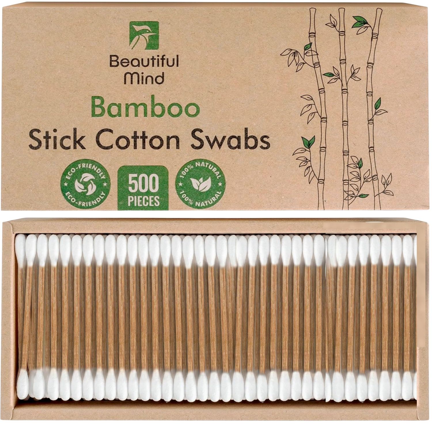 Beautiful Mind Bamboo Cotton Swabs for Ears - 500 Pack - Carbonized Bamboo Ear Swabs for Durability with Long Qtips - Eco-Friendly, Biodegradable &amp; Vegan - 100% Organic Cotton Swabs for Makeup