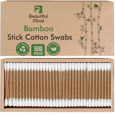 Beautiful Mind Bamboo Cotton Swabs for Ears - 500 Pack - Carbonized Bamboo Ear Swabs for Durability with Long Qtips - Eco-Friendly, Biodegradable &amp; Vegan - 100% Organic Cotton Swabs for Makeup