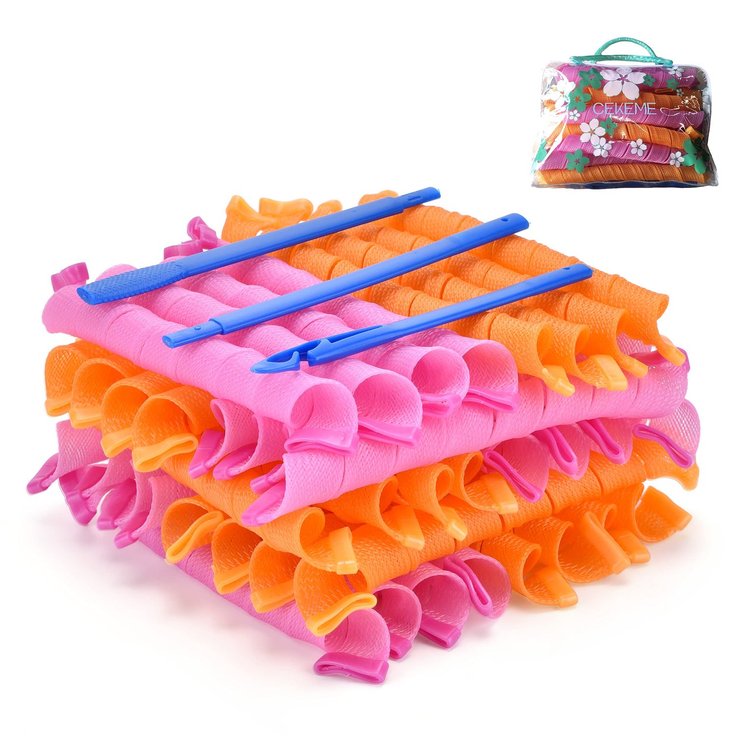 40pcs Hair Curlers Spiral Hair Curlers for Long Hair, No Heat Curlers 22inch55cm Magic Curls Hair Rollers with Styling Hooks Heatless Hair Curlers Styling Kit Pink&amp;Orange