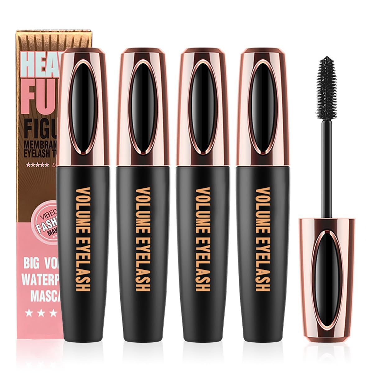 4D Silk Fiber Lash Mascara Extension Voluminous Mascara Waterproof &amp; Smudge-Proof Long-Lasting 24 Hours No Flaking Longer Thicker Eyelashes,All Day Exquisitely Full (4 Packs)