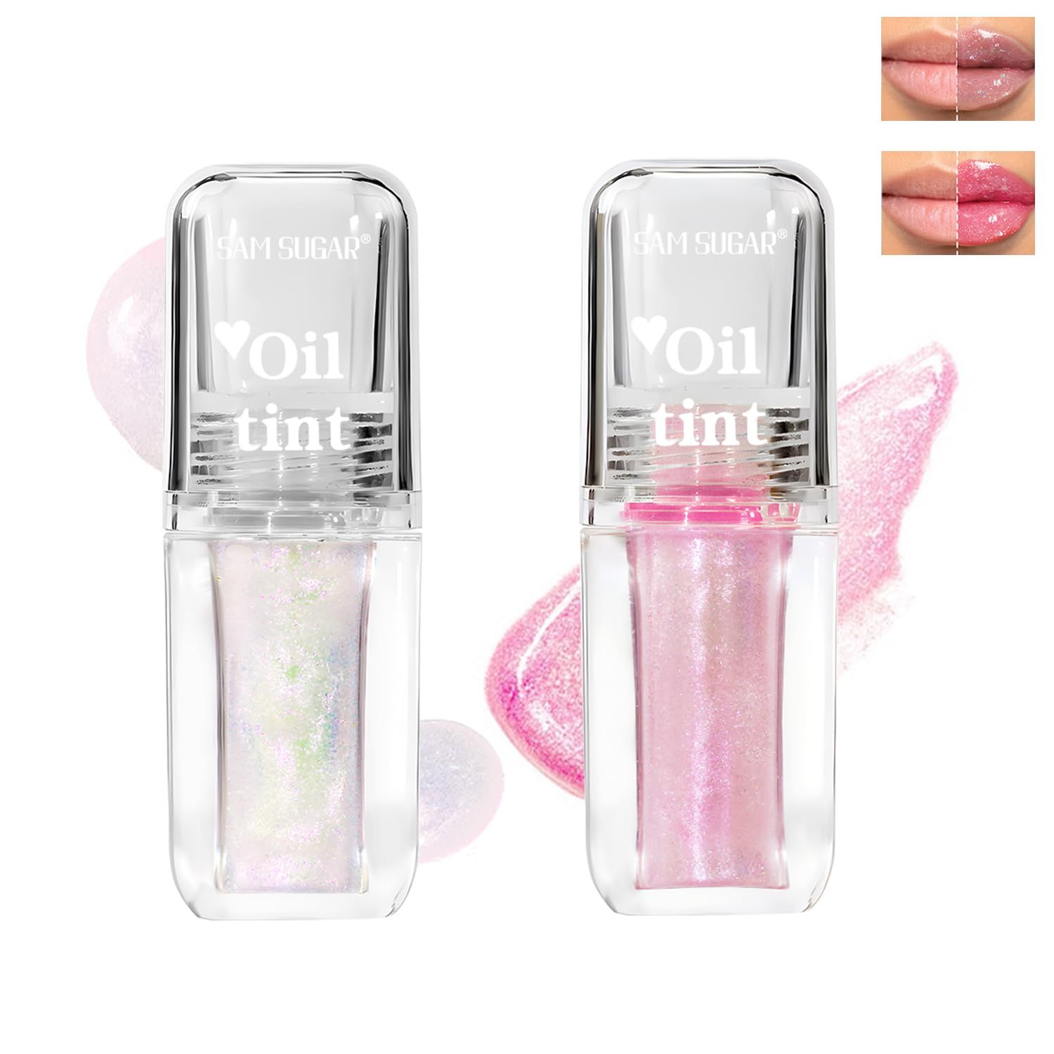 LADDYFOX 2 Pcs Magic Color Changing Lip Oil, Long Lasting Glitter Shimmer Lip Gloss with Big Brush, Non-sticky and Fresh Texture Lip Glow Oil, Moisturizing Lip Care Makeup (Glitter, 02#  04#)
