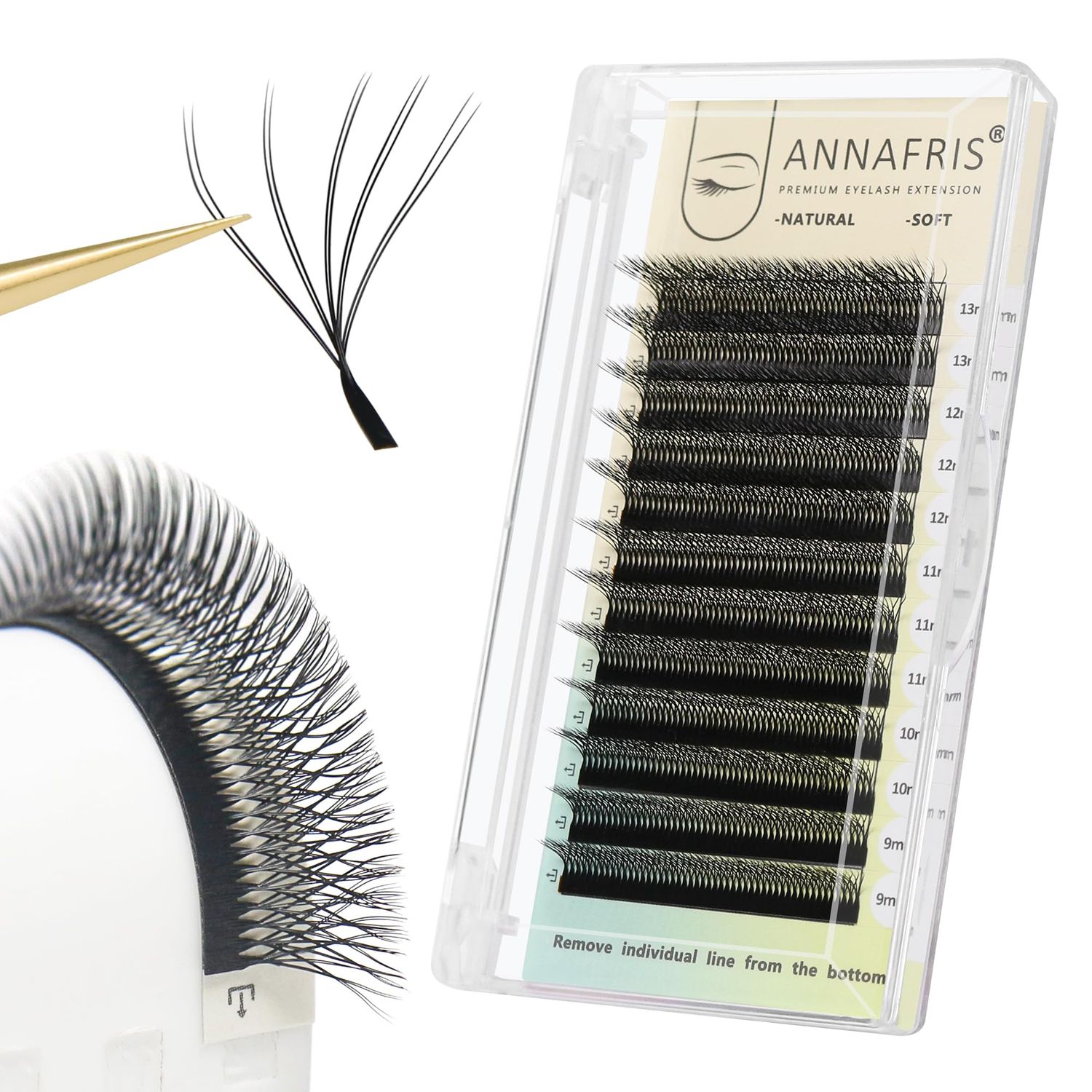 ANNAFRIS Double Tips 5D W Premade Fan Eyelash Extensions Volume Self Fanning False Lashes Faux Mink Matte Black Cluster Lash Extensions(0.07 D,9-13mm Mix)