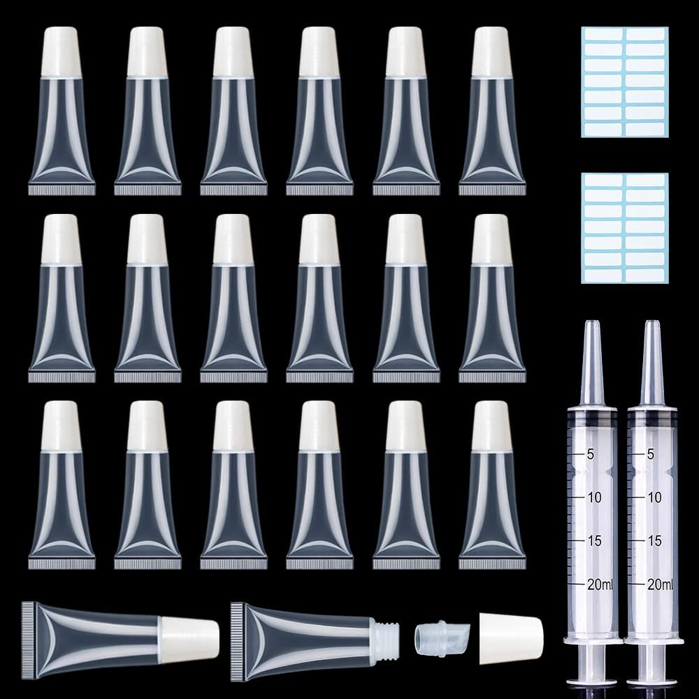 AMORIX 50PCS Lip Gloss Tubes 5ml White Cap Lip Gloss Containers Empty Lip Balm Tubes Cosmetic Lipgloss Tubes  2 x 20ml Syringes Tag Labels for DIY Lip Gloss Base Glitter