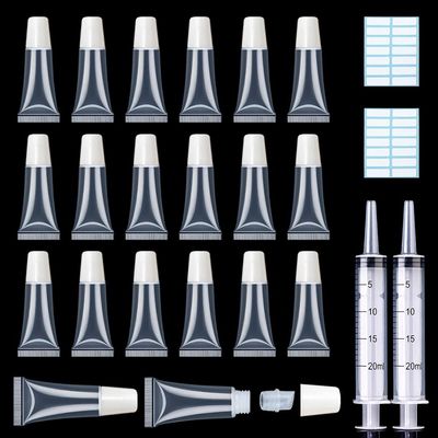 AMORIX 50PCS Lip Gloss Tubes 5ml White Cap Lip Gloss Containers Empty Lip Balm Tubes Cosmetic Lipgloss Tubes  2 x 20ml Syringes Tag Labels for DIY Lip Gloss Base Glitter