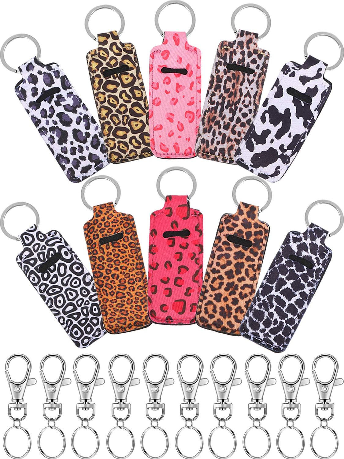 10 Pieces Cow Print Lipstick Holder Lipstick Holder Keychain Sleeve Lipstick Pouch Lip Balm Holder Sleeve with 10 Metal Key Chains to hold Travel Daily Accessories, Leopard Style