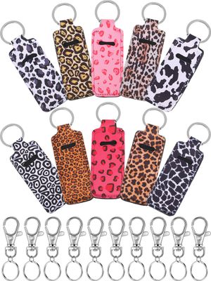 10 Pieces Cow Print Lipstick Holder Lipstick Holder Keychain Sleeve Lipstick Pouch Lip Balm Holder Sleeve with 10 Metal Key Chains to hold Travel Daily Accessories, Leopard Style