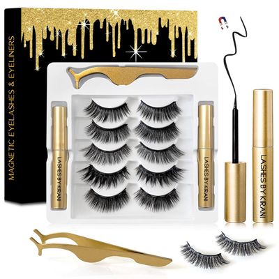 Magnetic Eyelashes Kit with Eyeliner and Applicator - 5 pairs. Reusable, easy to apply, durable, natural look. No glue needed.