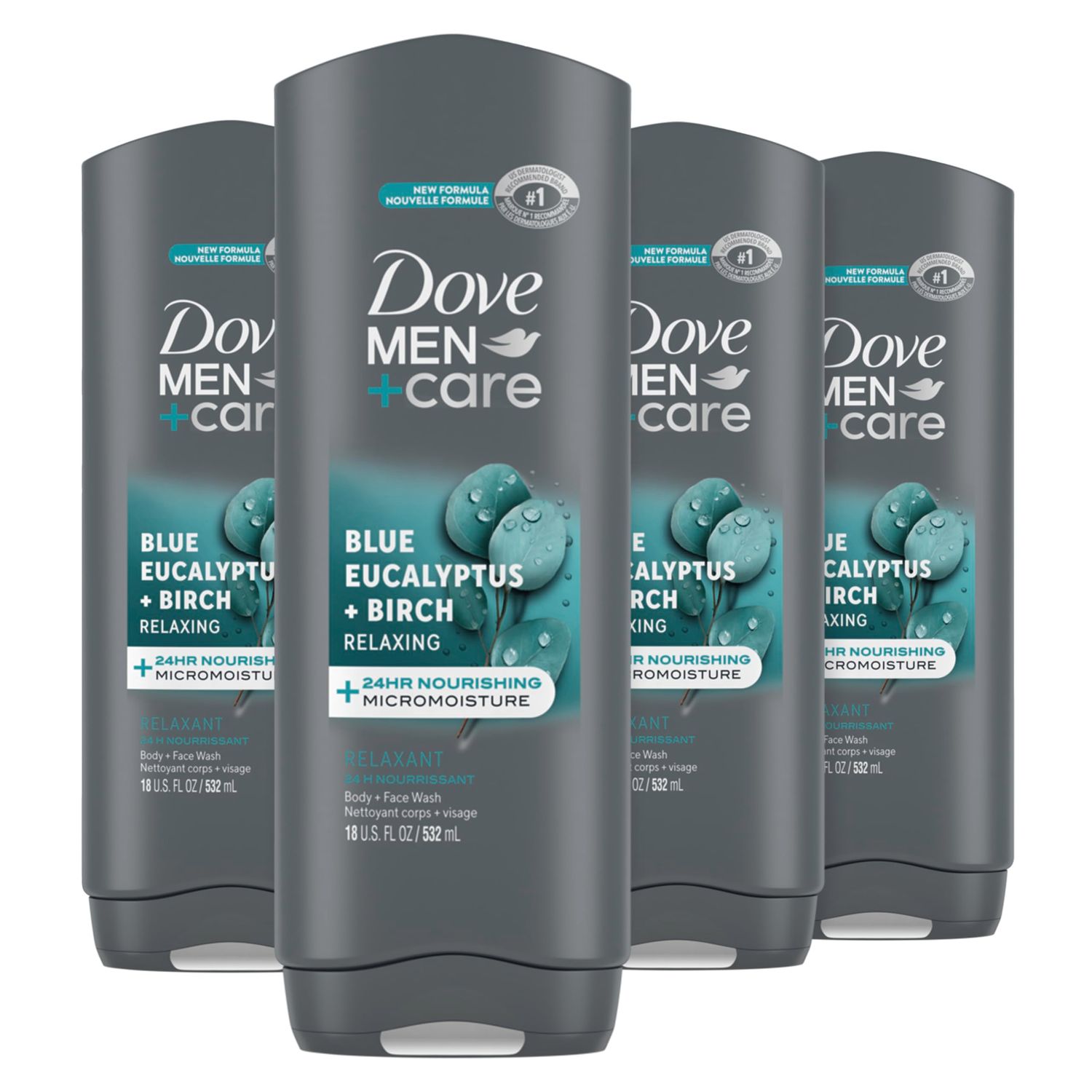 DOVE MEN  CARE Mens Body Wash Blue Eucalyptus and Birch 4 Count Dry Skin Body Wash with Micromoisture, Effectively Washes Away Bacteria While Nourishing Your Skin, 18 oz