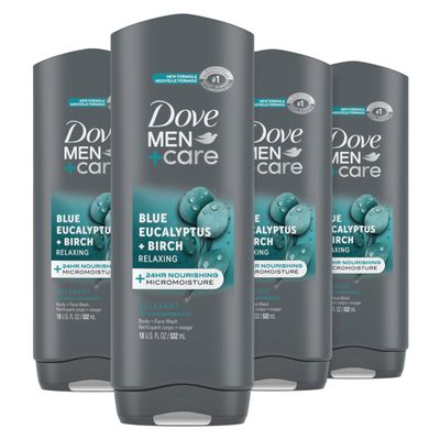 DOVE MEN  CARE Mens Body Wash Blue Eucalyptus and Birch 4 Count Dry Skin Body Wash with Micromoisture, Effectively Washes Away Bacteria While Nourishing Your Skin, 18 oz