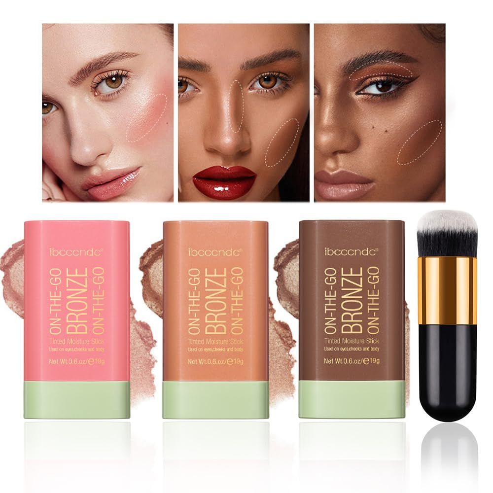 MKNZOME 3 Pcs Cream Contour Sticks, Includes Bronzer Stick and Cream Blush Stick, Eyeshadow Stick Face Contouring Pen Face Makeup for Beginners, Long Lasting, Smooth Natural, Water-resistant