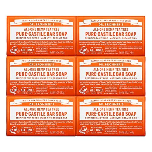 Dr. Bronner&#39;s - Pure-Castile Bar Soap (Tea Tree, 5 ounce, 6-Pack) - Made with Organic Oils, For Face, Body, Hair &amp; Dandruff, Gentle on Acne-Prone Skin, Biodegradable, Vegan, Non-GMO