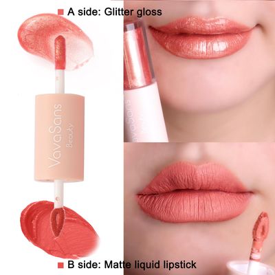 VavaSans Pink Peach Matte Liquid Lipstick with Pink Clear Glitter Lip Gloss 2 In 1 Dual Ended Highly Pigmented Long Lasting Non Sticky Transfer Proof High Shine Finish Makeup for Girls and Women