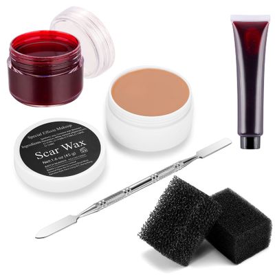 Wismee Fake Blood Sfx Makeup Kit Scar Wax(1.6 Oz) with Scab Coagulated Blood Gel, Spatula Tool Cosmetics MixerStipple Sponge, Professional Halloween Fake Wound Skin Wax for Darker Skin Tone