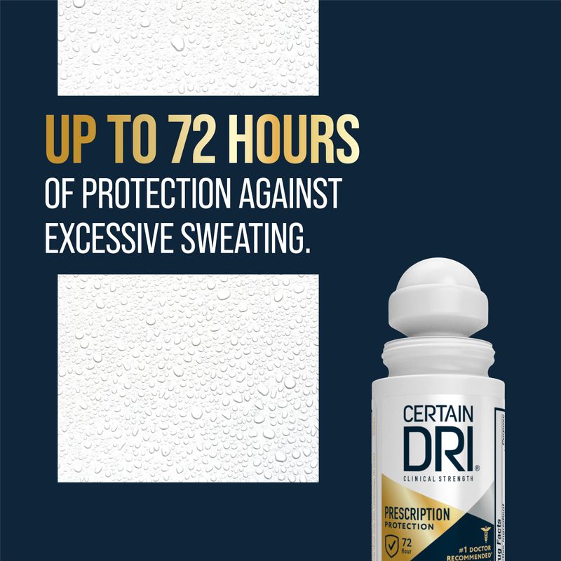 Certain Dri Prescription Strength Clinical Antiperspirant Roll-On Deodorant, Hyperhidrosis Treatment for Men &amp; Women, Long-Lasting 72hr Protection, Effective Sweat Control, Fragrance Free, 1.2 Fl oz