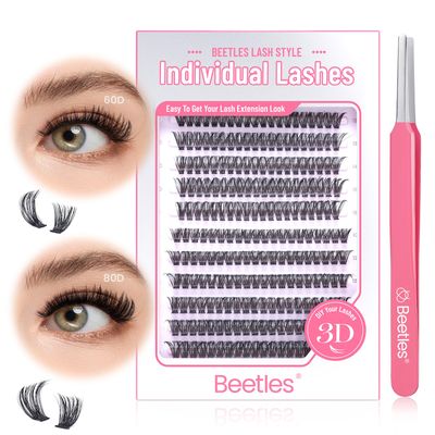 Beetles Lash Clusters 60D 80D Mixed Eyelash Clusters 9-18mm Cluster Eyelash Extensions 280pcs Individual Lashes C Curl False Eyelashes DIY Fluffy Volume Cluster Lashes (C031, 60D 80D, 9-18mm)