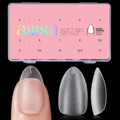 AILLSA Short Almond Nail Tips 450PCS Soft Gel Double-sided Matte Nail Tips Clear Pre-Buff Gel Nail Tips No Need Base Coat Press on Nail Tips for Nail Tips Extension 15 Sizes