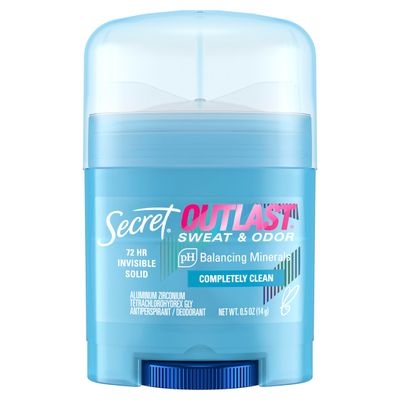 Secret Outlast Antiperspirant Deodorant for Women, Sweat &amp; Odor Protection, PH Balancing Minerals, Invisible Solid, Completely Clean Scent, Travel Size, 0.5 oz