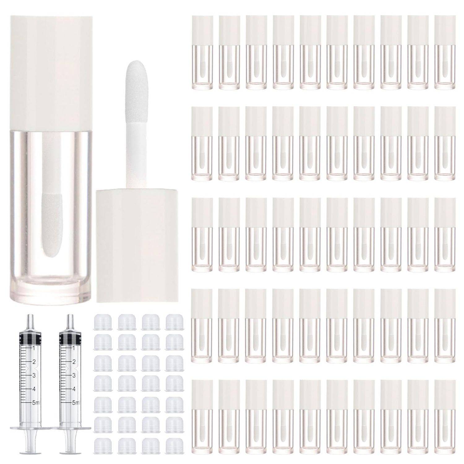 50pcs 2.5ml Empty Lip Gloss Containers Lip Gloss Tubes with Wand Cute 0.08oz Clear Refillable Lipgloss Making Supplies Kit for DIY Makeup  2pcs Syringes (White)