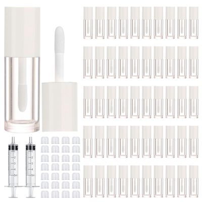 50pcs 2.5ml Empty Lip Gloss Containers Lip Gloss Tubes with Wand Cute 0.08oz Clear Refillable Lipgloss Making Supplies Kit for DIY Makeup  2pcs Syringes (White)