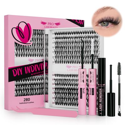 Lash Extension Kit 280Pcs Lash Clusters Eyelash Extension Kit with Lash Bond and Seal Lash Remover Lash Applicator Individual Lashes Kit Eyelash Brush Easy to Apply at Home(30D40D-9-16mix Kit)