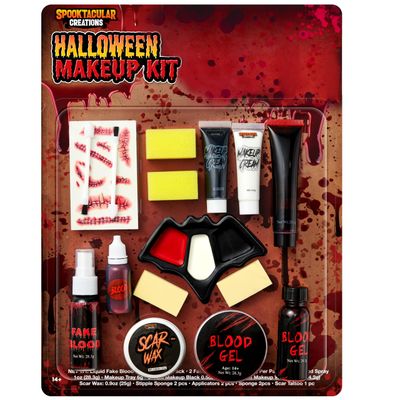 Spooktacular Creations 16 Pcs Halloween Family Makeup Kit Face Body Paint with Liquid Blood Gel, Fake Blood and More Easy On Makeup Set for Cosplay Halloween Party Supplies