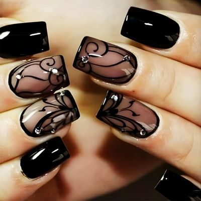 Black Curve Line Press on Nails with Dark Vine Design, Glossy Black Ins Medium Square False Nails Gel Glue on Nails, Rhinestones Manicure Art Acrylic Fake Nails Stick on Nails for Women Girls 24Pcs