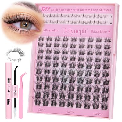 Delyneph Natural Lash Clusters Kit 5-16mm Clear Invisible &amp; Black Band Cluster Eyelash Extensions Wispy C Curl DIY Lash Extension Kit Eyelashes Clusters with Bottom Lashes Lash Bond and Seal