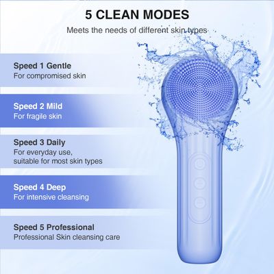 5 Modes Silicone Face Scrubber, Waterproof Face Scrubber Exfoliator for Men &amp; Women, Rechargeable Electric Facial Cleansing Brush for Deep Cleansing, Exfoliating, Massage (Blue)