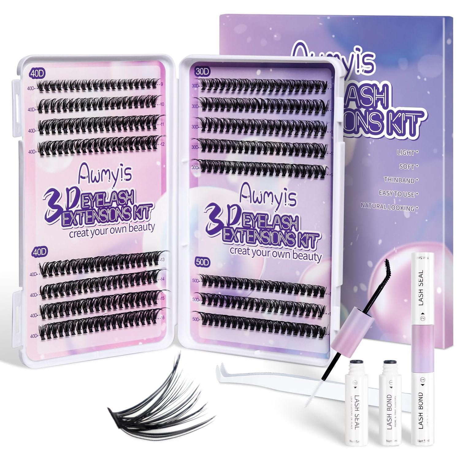 Lash Extension Kit, DIY Lash Extension Kit, 320pcs Individual Lashes Clsuters Kit D Curl Eyelash Extension Kit with Bond and Seal and Lash Applicator Tool, Lashes Kit for Self Application at Home