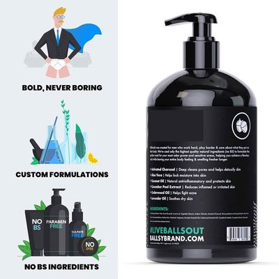 Ballsy Ballwash Charcoal Body Wash for Men - Moisturizing Mens Bodywash with Coconut Oil - Soap for Men & Great for your Most Intimate Areas, 16 Oz with Pump