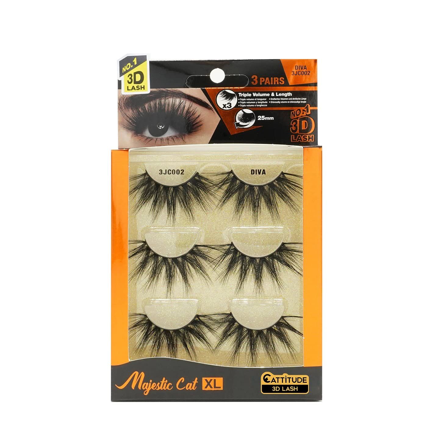 EBIN NEW YORK Cattitude 3D Lash 3 Pair - Majestic Cat 25mm 3D Lashes Triple Volume &amp; Length Lightweight Comfortable Wear Perfect Thick &amp; Full Look Reusable