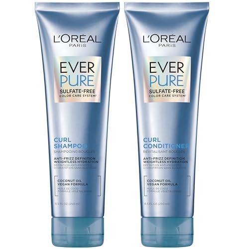 L&#39;Oreal Paris Sulfate Free Shampoo and Conditioner for Curly Hair, Lightweight, Anti-Frizz Hair Care with Coconut Oil, EverPure, 8.5 Fl Oz, Set of 2 (Packaging May Vary)