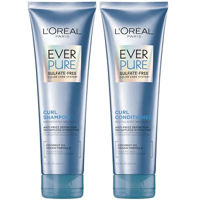 L&#39;Oreal Paris Sulfate Free Shampoo and Conditioner for Curly Hair, Lightweight, Anti-Frizz Hair Care with Coconut Oil, EverPure, 8.5 Fl Oz, Set of 2 (Packaging May Vary)