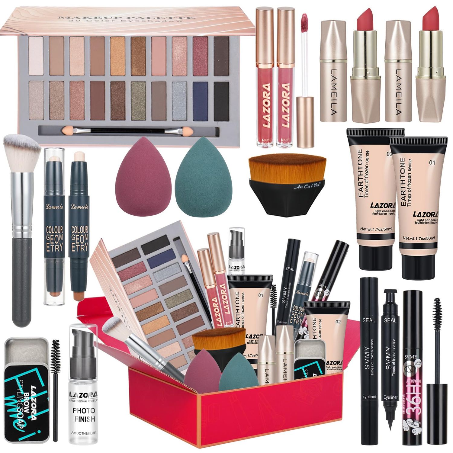 All in One Makeup Kit for Women Full Kit Includes Palette Foundation &amp; Face Primer, Makeup Brush Makeup Sponge, Eyebrow Soap, Winged Eyeliner Stamp 20 Colors Eyeshadow Gift Set for Women, Girls &amp; Teen