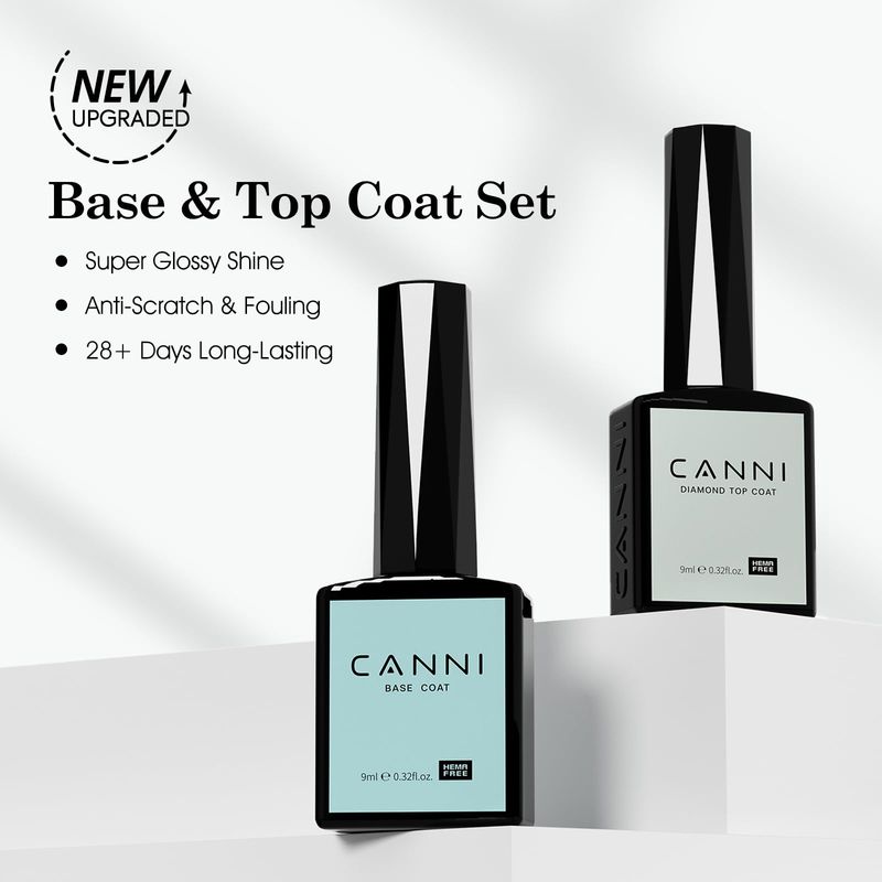 CANNI 2 Pcs No Wipe Gel Top Coat and Base Coat Set- High Gloss Shiny Long Lasting Base Top Coat Gel Nail Polish, Soak Off Nail Art Home and Professional Manicure