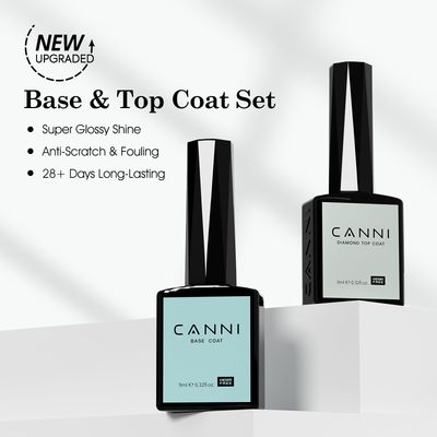 CANNI 2 Pcs No Wipe Gel Top Coat and Base Coat Set- High Gloss Shiny Long Lasting Base Top Coat Gel Nail Polish, Soak Off Nail Art Home and Professional Manicure