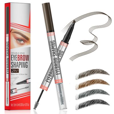 DEFSAP Microblading Eyebrow Pen - Eyebrow Pencil Magical 2-in-1 Dual-Ended Eye Brow Pencils for Women with 4-Fork-Tip &amp; Eyebrow Styling Brush Create Natural Hair-Like Brows and Hairs (Dark Brown)