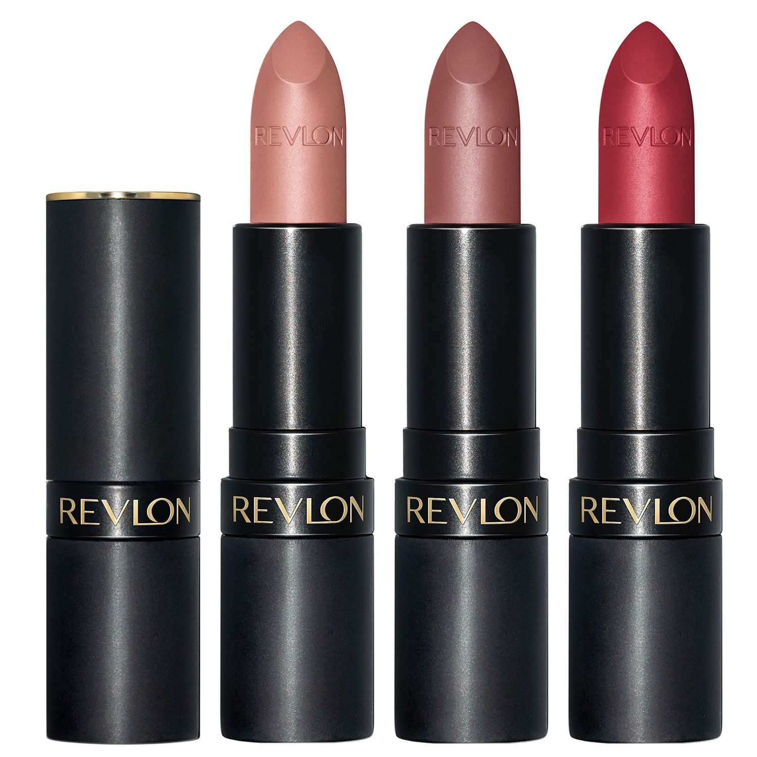 Revlon Super Lustrous Lipstick Set, 3-Piece Lip Color Gift Set for Women, Makeup Stocking Stuffers, Matte Finish in Nude Plum &amp; Red, Pack of 3