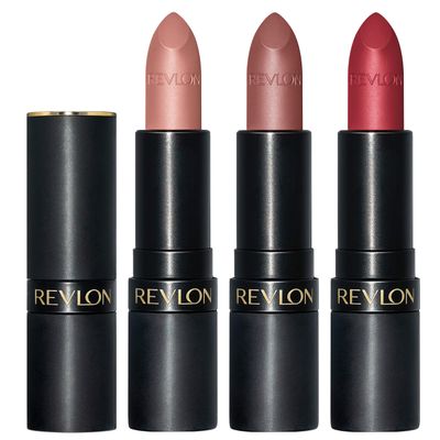 Revlon Super Lustrous Lipstick Set, 3-Piece Lip Color Gift Set for Women, Makeup Stocking Stuffers, Matte Finish in Nude Plum &amp; Red, Pack of 3
