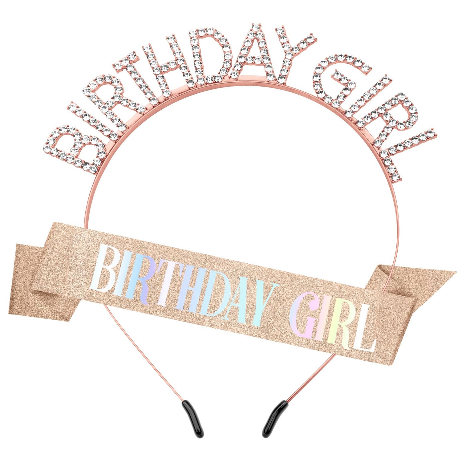 Birthday Sash Birthday Crown for Women, Birthday Girl Sash, Birthday Girl Crown, Glitter Rose Gold Birthday Sash and Crown Rhinestone Headband Set, Happy Birthday Girl Princess Tiara Sash Accessories