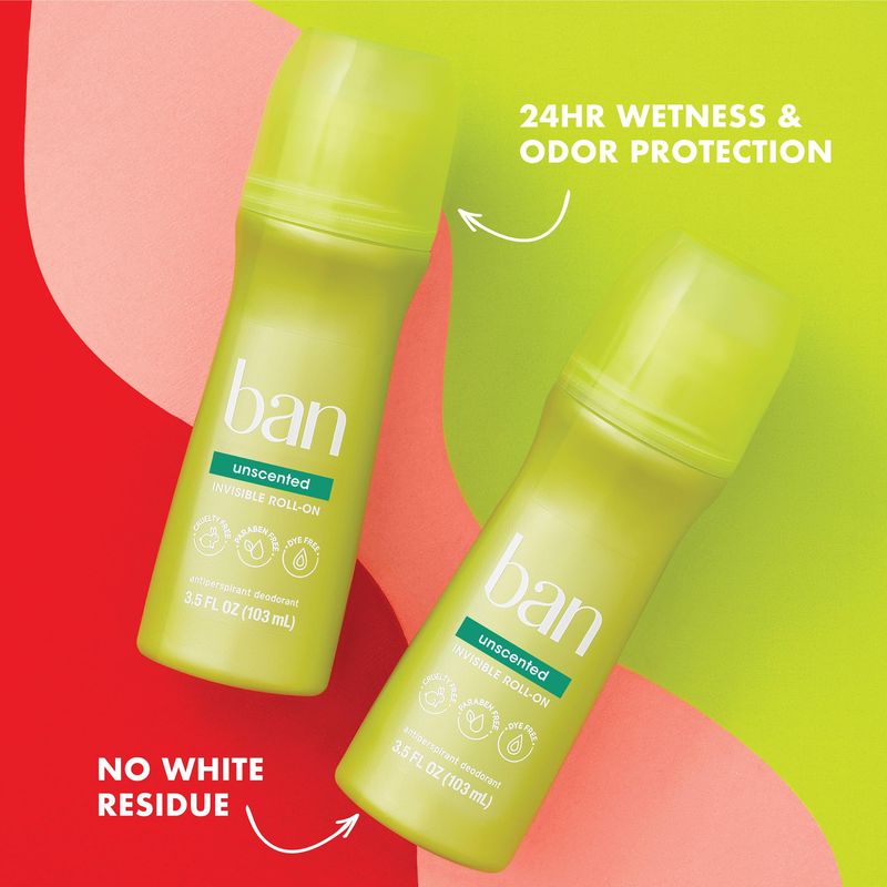 Ban Original Unscented 24-hour Invisible Antiperspirant, 3.5oz Roll-on Deodorant, 4-pack, Underarm Wetness Protection, with Odor-fighting Ingredients